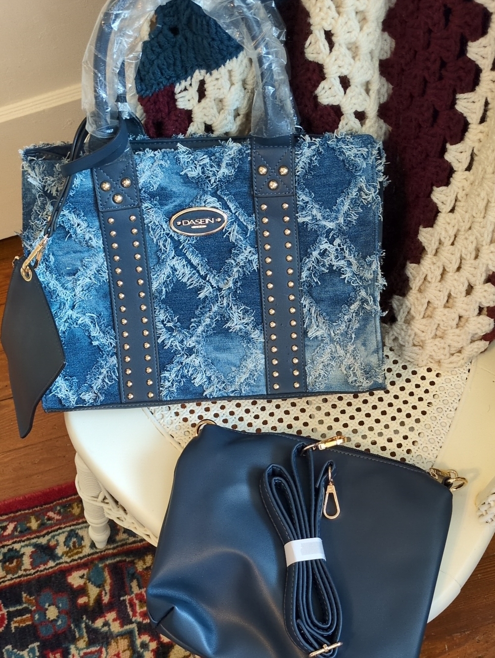 Blue Distressed Denim Tote with Navy Trim